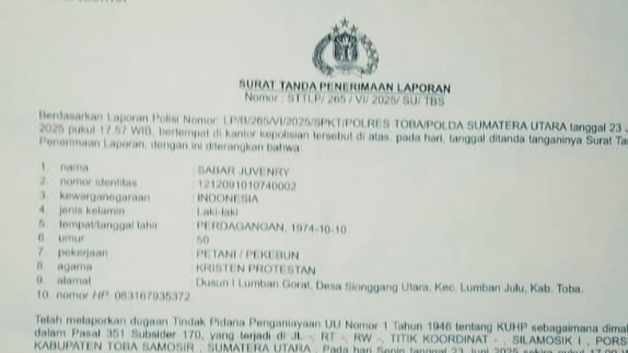 Dokumen laporan polisi oleh korban penganiayaan, Sabar Juvenry Manurung ke Polres Toba, Senin (23/06/2025)